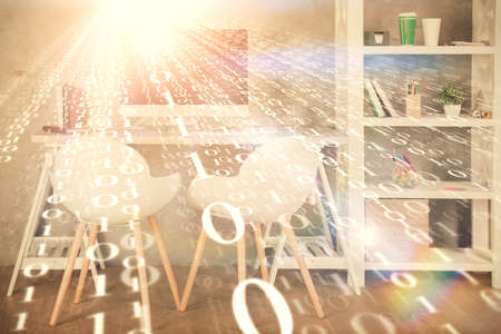 Multi exposure of data theme drawing and office interior background. Concept of technology.