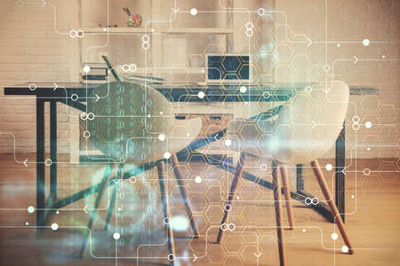 Multi exposure of data theme drawing and office interior background. Concept of technology.