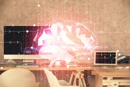 Multi exposure of brain drawing and office interior background. Concept of data technology.