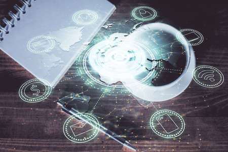 Double exposure of social network theme drawing and work table top veiw. Concept of international...