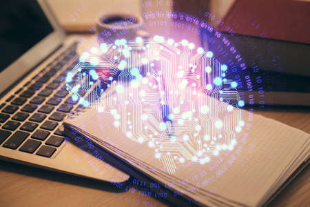 Double exposure of brain drawing and desktop with coffee and items on table background. Concept of...