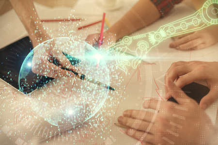 Double exposure of data theme hologram drawing and man and woman working together holding and using...