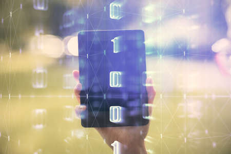 Double exposure of technology sketch hologram and woman holding and using a mobile device. Ai conceptの写真素材