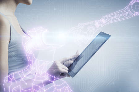 Double exposure of man in vr glasses sketch hologram and woman holding and using a mobile device.