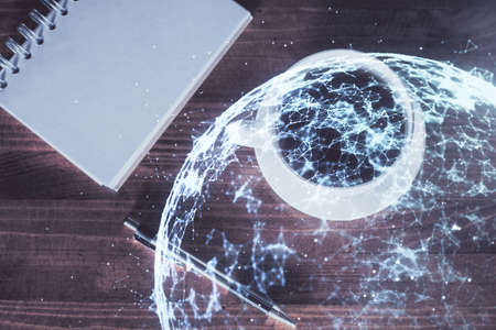 Double exposure of social network theme drawing and work table top veiw. Concept of international connection.の写真素材