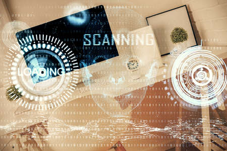 Multi exposure of data theme drawing and office interior background. Concept of technology.の写真素材