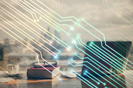 Multi exposure of data theme drawings and desk with open notebook background. Concept of education