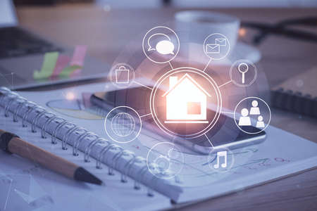 Double exposure of town sketch over cell phone background. Concept of smart cityの写真素材