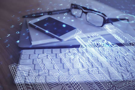 Double exposure of town sketch over cell phone background. Concept of smart cityの写真素材
