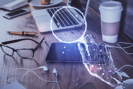 Double exposure of creative drawing over cell phone background. Concept of start upの写真素材