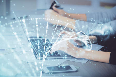 Double exposure of woman hands typing on computer and DNA hologram drawing. Medical education...