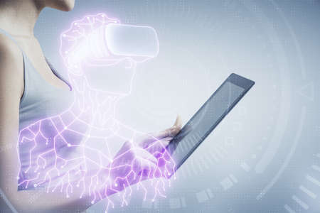 Double exposure of man in vr glasses sketch hologram and woman holding and using a mobile device.
