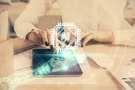 Double exposure of technology sketch hologram and woman holding and using a mobile device. Ai...