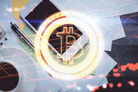 Double exposure of blockchain theme hologram over table with phone. Top view. Crypto technology...