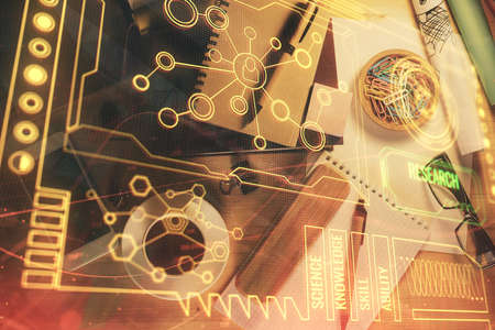 Double exposure of education theme drawing and office interior background. Concept of science.