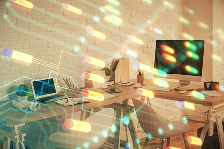 Double exposure of data theme drawing and office interior background. Concept of technology.の写真素材