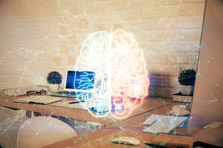 Double exposure of brain drawing and office interior background. Concept of data technology.の写真素材