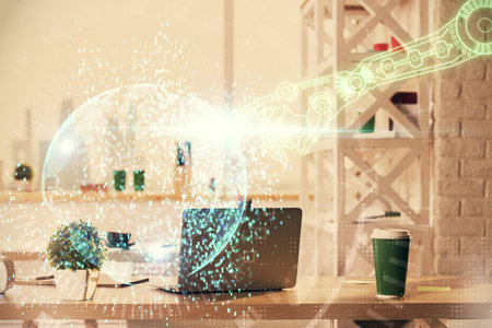 Double exposure of data theme drawing and office interior background. Concept of technology.の写真素材