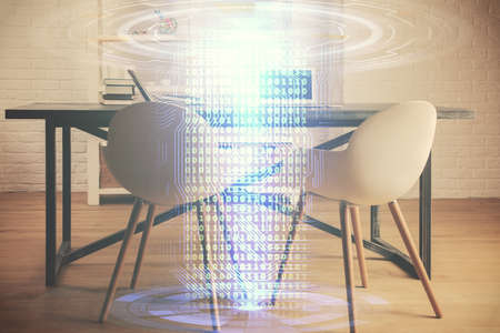 Multi exposure of data theme drawing and office interior background. Concept of technology.の写真素材