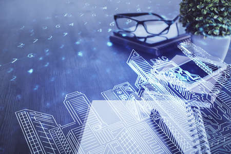 Double exposure of town sketch over cell phone background. Concept of smart cityの写真素材