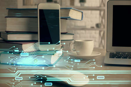 Double exposure of data theme drawing and mobile phone background. Concept of innovationの写真素材