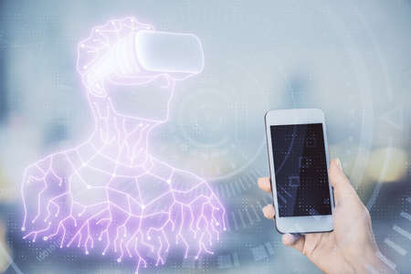 Double exposure of man in vr glasses sketch hologram and woman holding and using a mobile device.