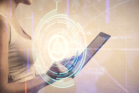 Double exposure of technology sketch hologram and woman holding and using a mobile device.