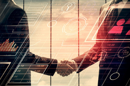 Double exposure of data theme hologram and handshake of two men. Partnership in IT industry concept.の写真素材