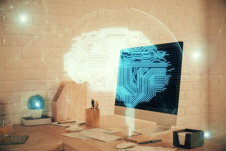 Double exposure of brain drawing and office interior background. Concept of data technology.