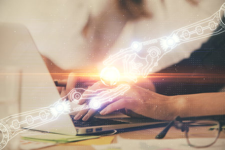 Multi exposure of woman hands working on computer and data theme hologram drawing. Tech concept.