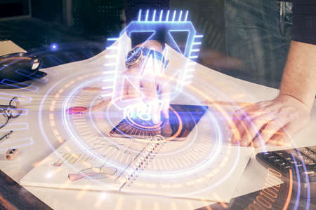 Double exposure of man's hand holding and using a digital device and data theme drawing. Technology...