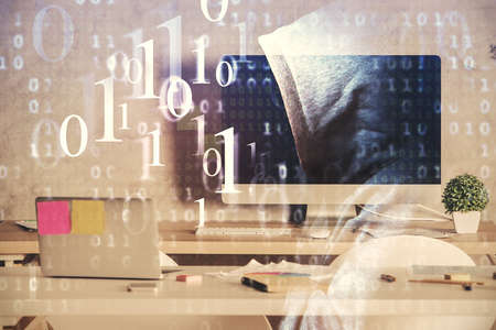 Multi exposure of data theme drawing and office interior background. Concept of technology.