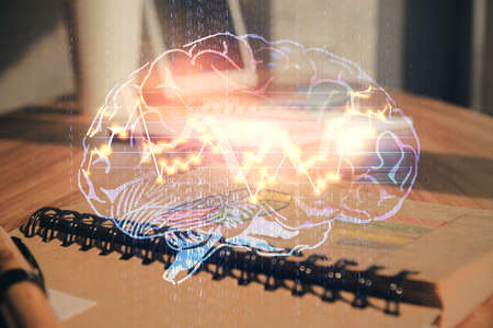 Multi exposure of brain drawings and desk with open notebook background. Concept of AI