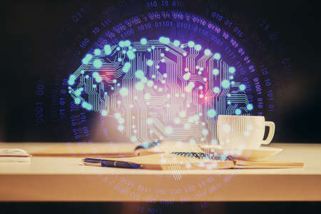 Double exposure of brain drawing and desktop with coffee and items on table background. Concept of...