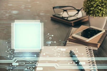 Double exposure of data theme drawing and mobile phone background. Concept of innovation