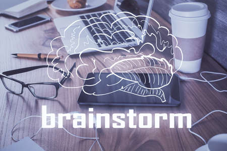 Double exposure of creative drawing over cell phone background. Concept of start upの写真素材