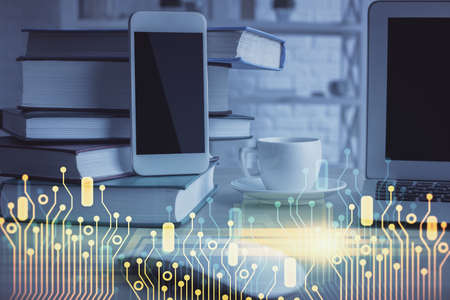 Double exposure of data theme drawing and mobile phone background. Concept of innovationの写真素材