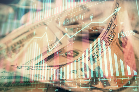 Double exposure of forex graph drawing over us dollars bill background. Concept of financial markets.の写真素材