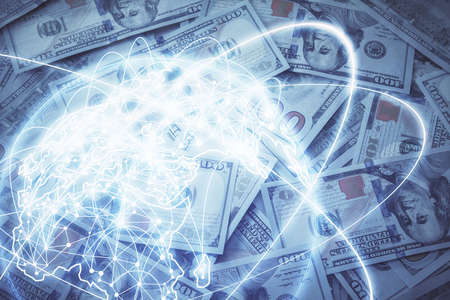 Multi exposure of business theme drawing over us dollars bill background. Concept of financial success.の写真素材