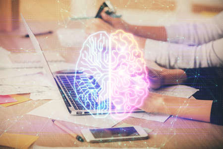 Multi exposure of woman hands working on computer and brain hologram drawing. Ai concept.