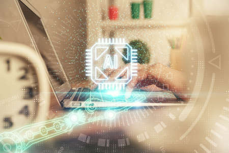 Double exposure of woman hands working on computer and data theme hologram drawing. Tech concept.