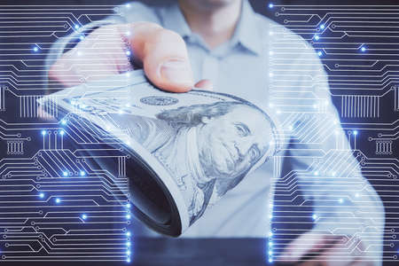 Multi exposure of Tech drawing hologram and USA dollars bills and man hands. Technology concept.の写真素材