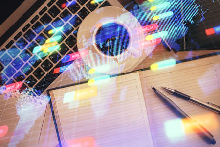 Multi exposure of data theme drawing hologram over topview work desk background with computer. Concept of technology.の写真素材