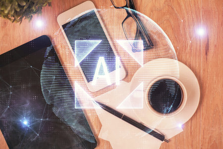Double exposure of technology theme drawing over work table desktop. Top view. Global data analysis...