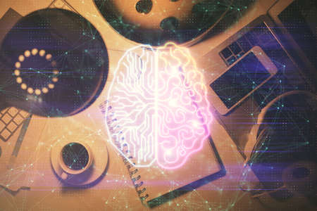 Double exposure of brain sketch and table top veiw. Concept of data analysis.の写真素材
