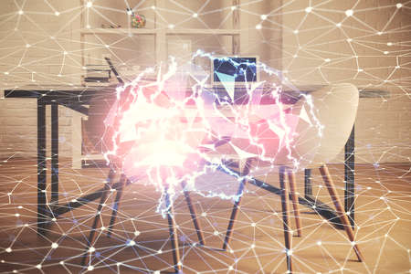 Multi exposure of brain drawing and office interior background. Concept of data technology.の写真素材