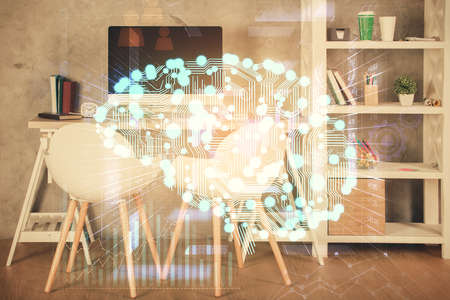 Multi exposure of brain drawing and office interior background. Concept of data technology.