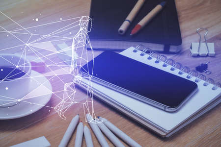 Double exposure of creative drawing over cell phone background. Concept of start upの写真素材