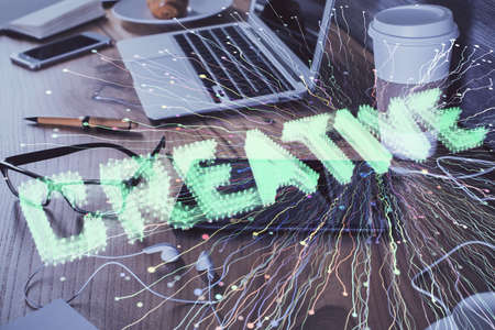 Double exposure of creative drawing over cell phone background. Concept of start up