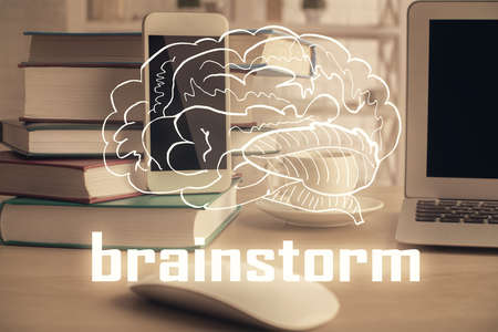Double exposure of creative drawing over cell phone background. Concept of start up